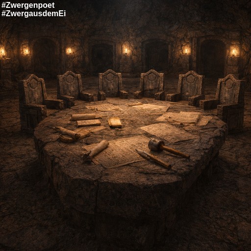 Zwergischer Ratssaal mit rundem Steintisch, sieben Sitzen und Gravurwerkzeug im warmen Kristalllicht.